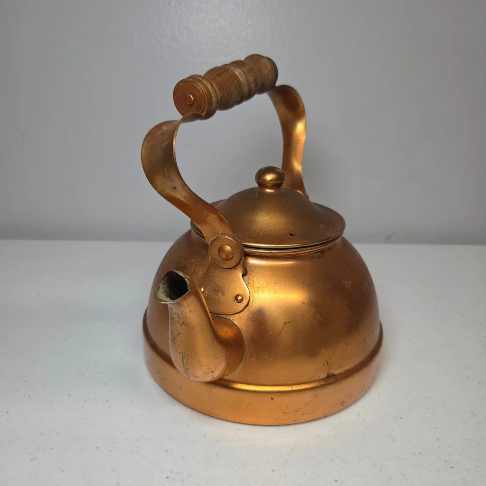 Portugal‎ Copper Teapot Vintage Tea Kettle with Wooden Handle Retro Rustic